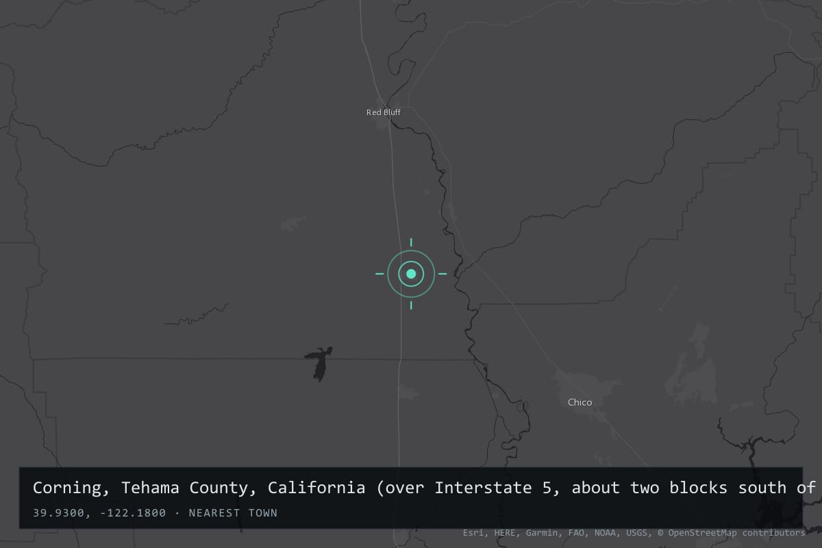 Where it happened: Corning, Tehama County, California (over Interstate 5, about two blocks south of Jay Munger's all-night bowling alley), United States