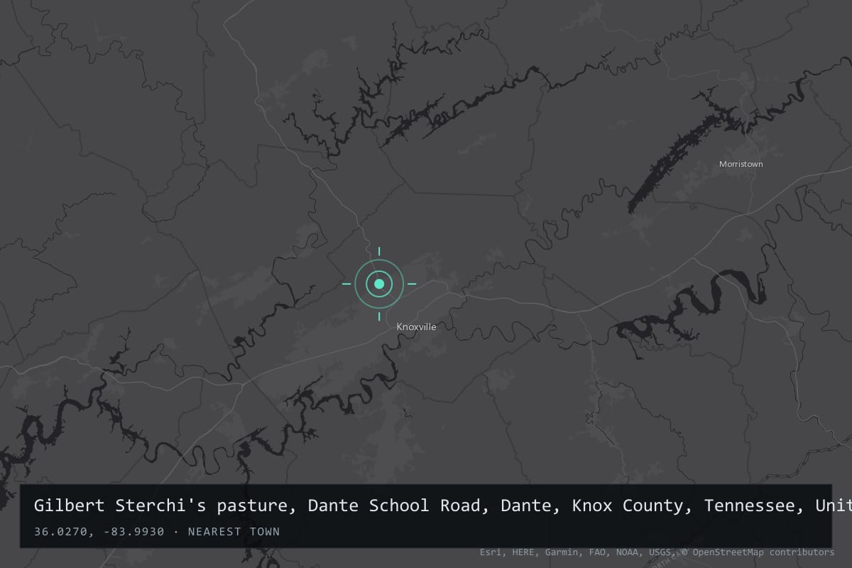 Where it happened: Gilbert Sterchi's pasture, Dante School Road, Dante, Knox County, Tennessee, United States