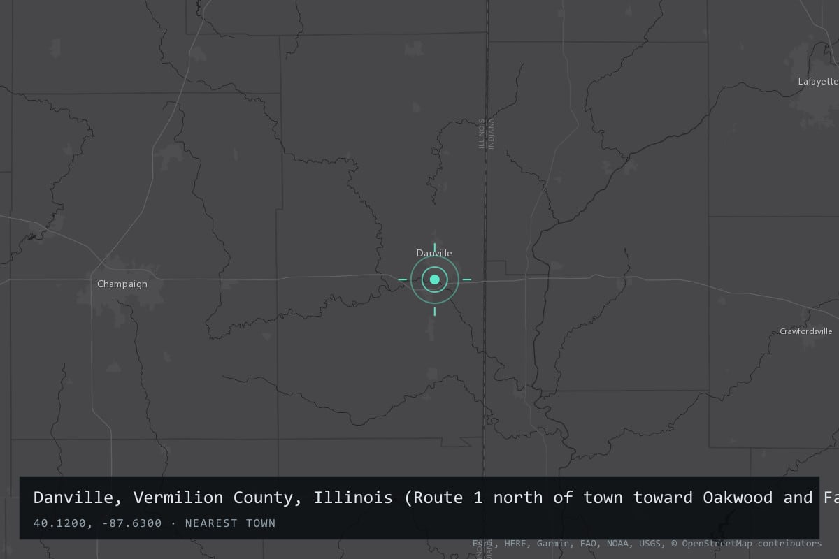 Where it happened: near Danville, Vermilion County, Illinois, United States. The troopers drove north on Route 1, then west to Oakwood and south on Sugar Creek Road toward Fairmount.