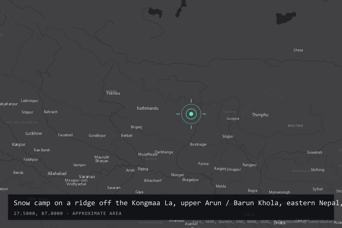 Where it happened: Snow camp on a ridge off the Kongmaa La, upper Arun / Barun Khola, eastern Nepal, Nepal