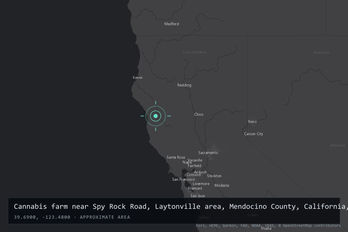 Where it happened: Cannabis farm near Spy Rock Road, Laytonville area, Mendocino County, California, United States