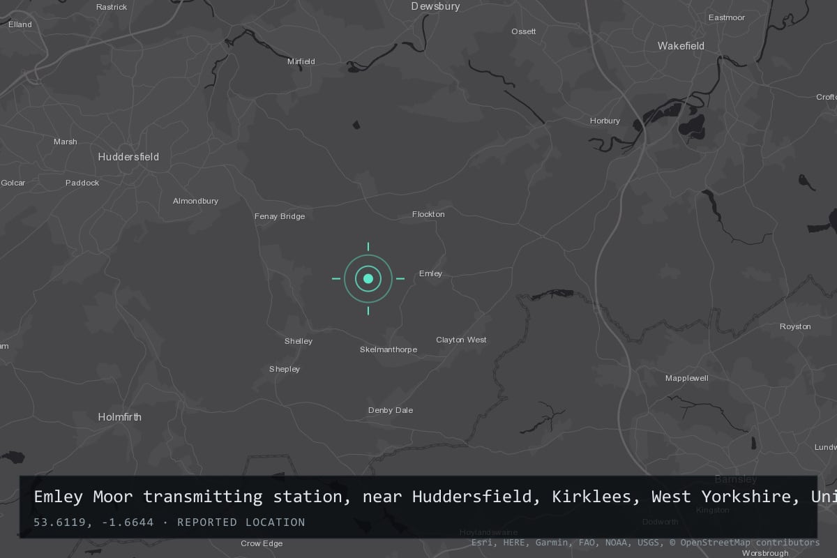 Where it happened: Emley Moor transmitting station, near Huddersfield, Kirklees, West Yorkshire, United Kingdom