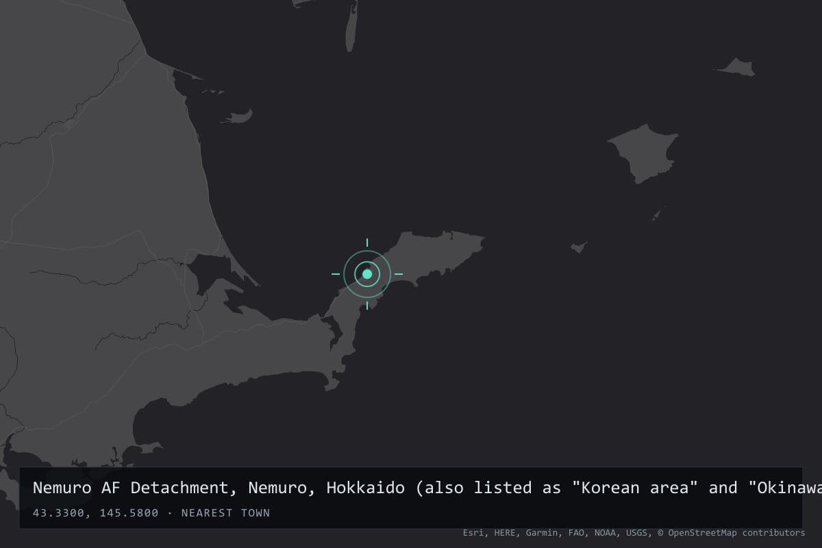Where it happened: Nemuro AF Detachment, Nemuro, Hokkaido (also listed as "Korean area" and "Okinawa"), Japan