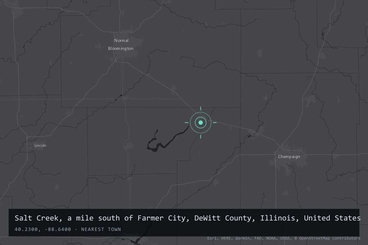 Where it happened: Salt Creek, a mile south of Farmer City, DeWitt County, Illinois, United States