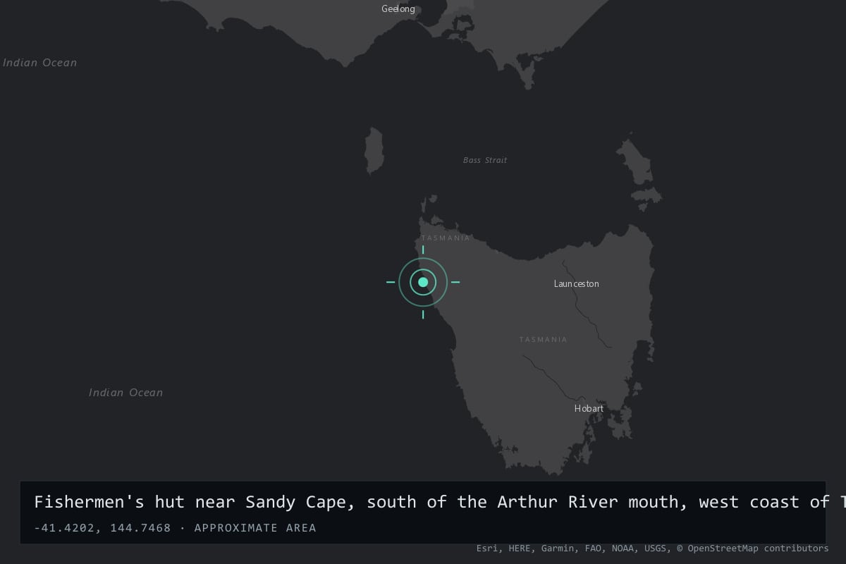 Where it happened: Fishermen's hut near Sandy Cape, south of the Arthur River mouth, west coast of Tasmania, Australia