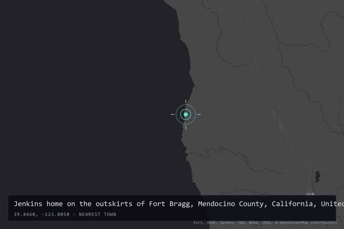 Where it happened: Jenkins home on the outskirts of Fort Bragg, Mendocino County, California, United States