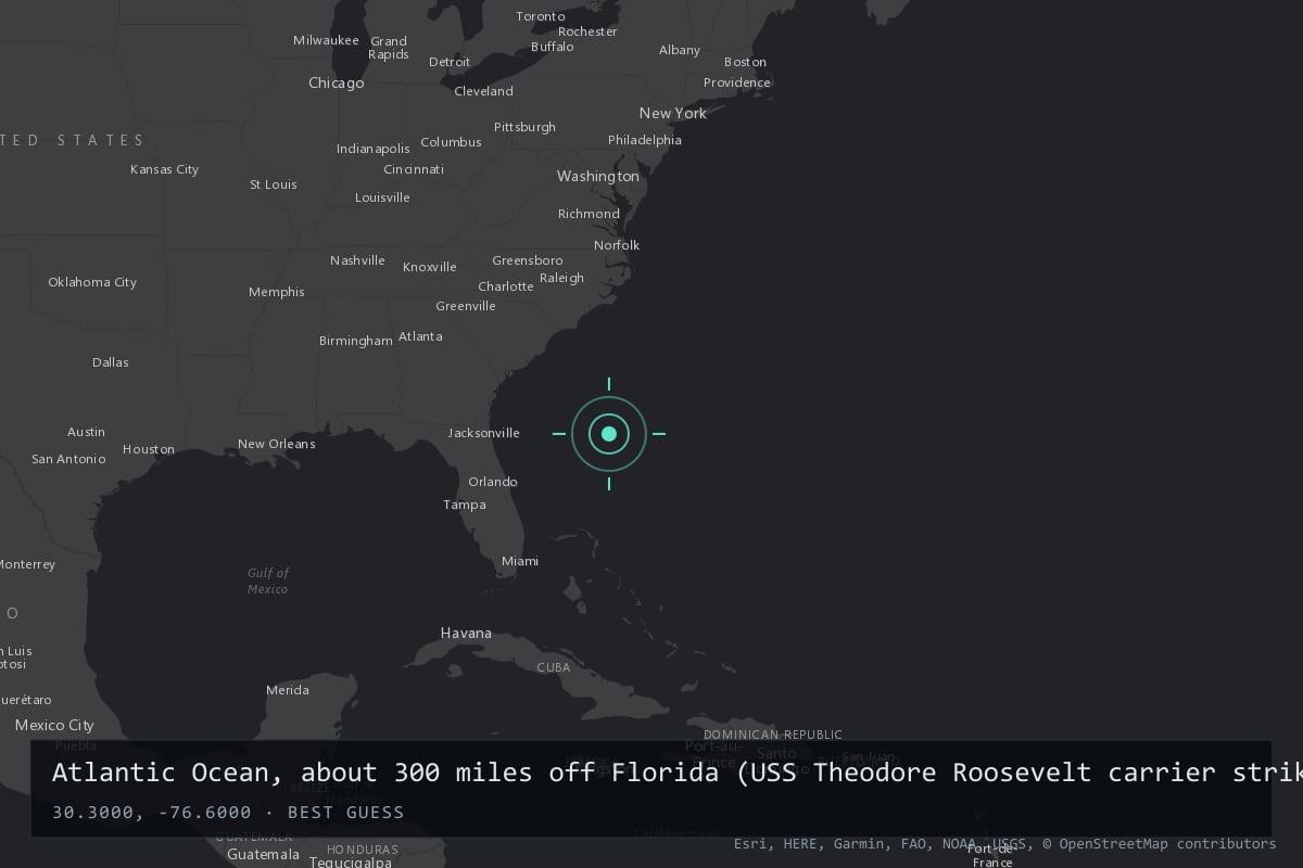 Where it happened: Atlantic Ocean, about 300 miles off Florida (USS Theodore Roosevelt carrier strike group), United States