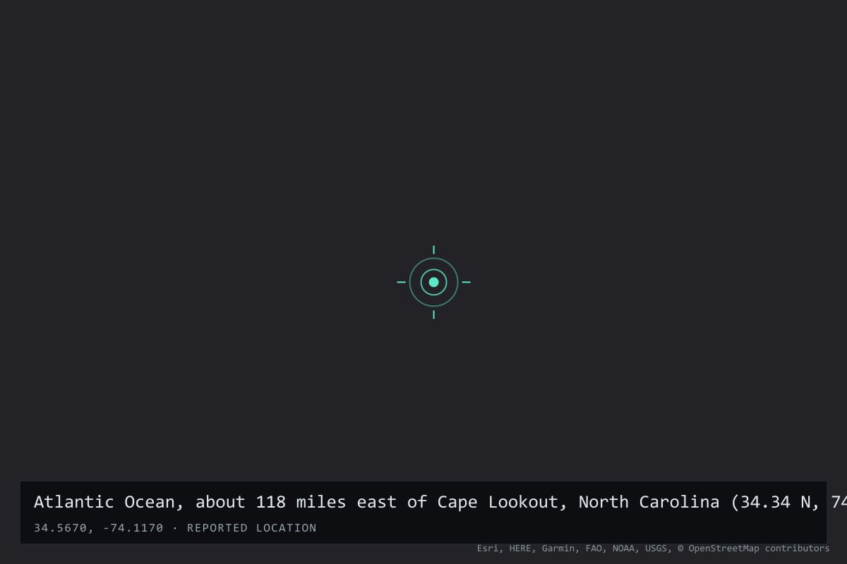 Where it happened: Atlantic Ocean, about 118 miles east of Cape Lookout, North Carolina (34.34 N, 74.07 W), International waters