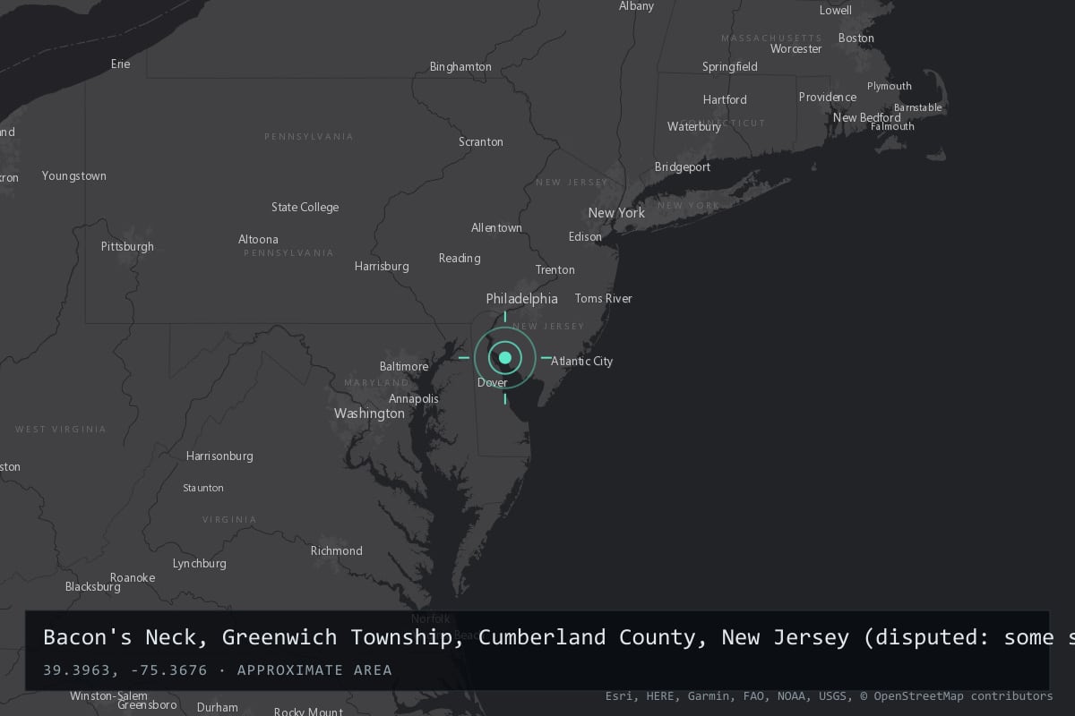 Where it happened: Bacon's Neck, Greenwich Township, Cumberland County, New Jersey (disputed: some sources place it in Greenwich Township, Gloucester County, near Woodbury), United States