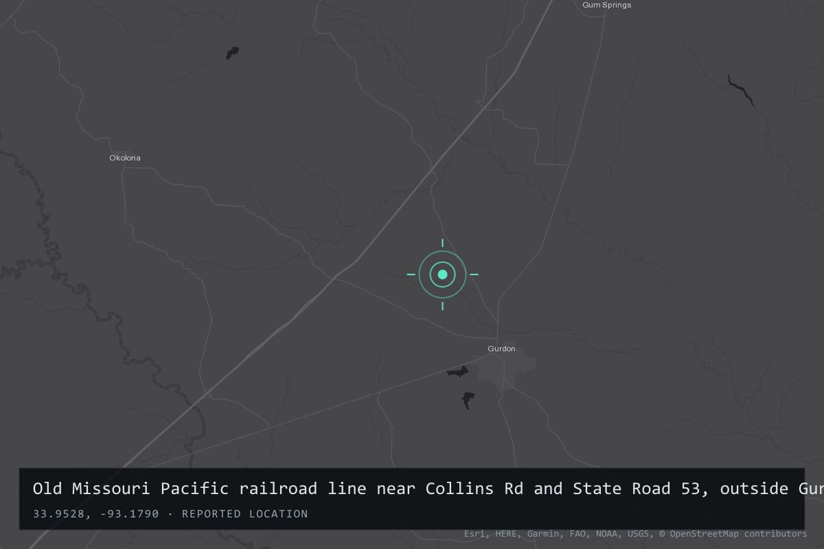 Where it happened: Old Missouri Pacific railroad line near Collins Rd and State Road 53, outside Gurdon, Clark County, Arkansas, United States