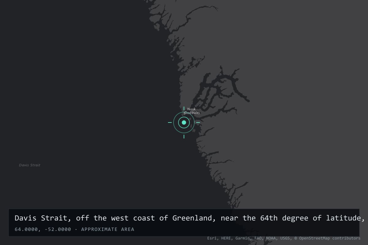Where it happened: Davis Strait, off the west coast of Greenland, near the 64th degree of latitude, Greenland