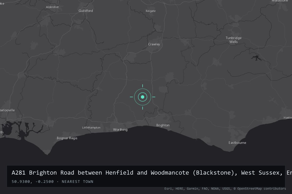 Where it happened: A281 Brighton Road between Henfield and Woodmancote (Blackstone), West Sussex, England, United Kingdom