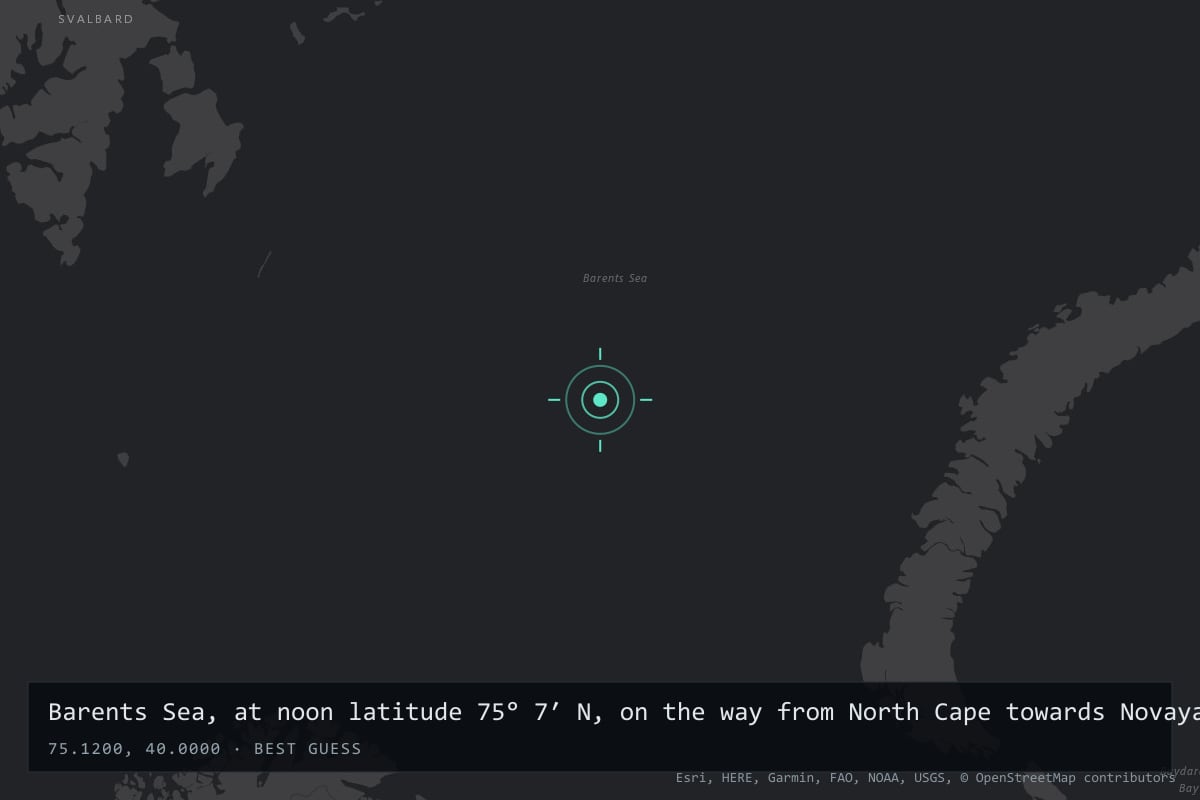 Where it happened: Barents Sea, at noon latitude 75° 7′ N, on the way from North Cape towards Novaya Zemlya, International waters
