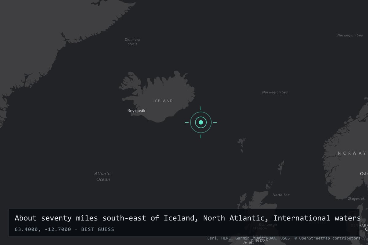 Where it happened: About seventy miles south-east of Iceland, North Atlantic, International waters