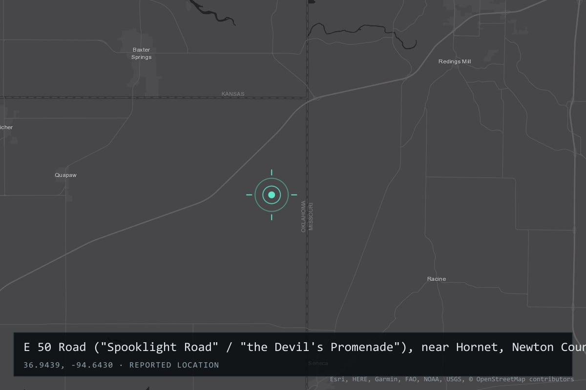 Where it happened: E 50 Road ("Spooklight Road" / "the Devil's Promenade"), near Hornet, Newton County, Missouri, at the Oklahoma state line near Quapaw, United States