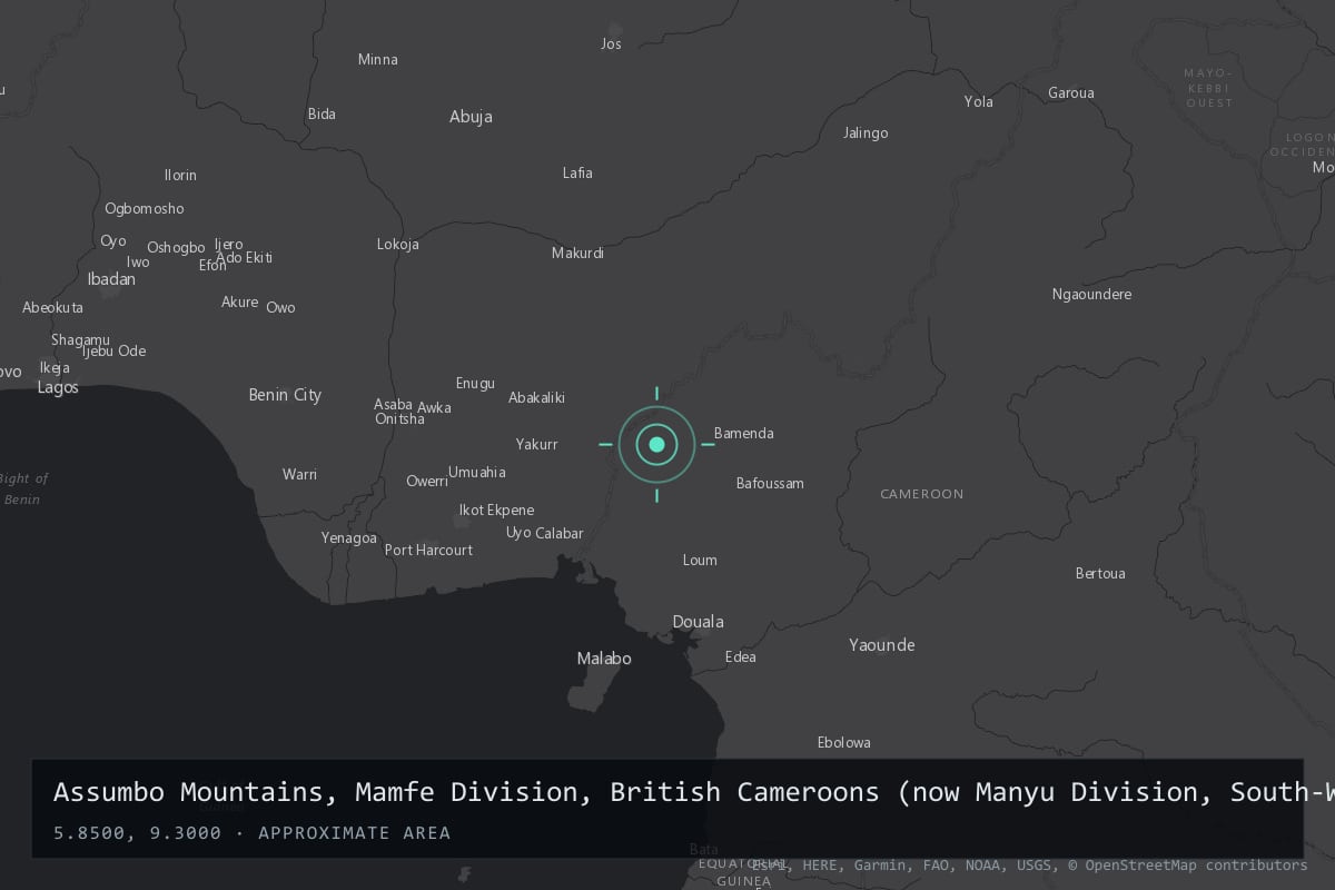 Where it happened: Assumbo Mountains, Mamfe Division, British Cameroons (now Manyu Division, South-West Region, Cameroon), Cameroon