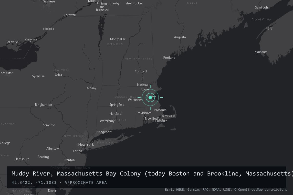 Where it happened: Muddy River, Massachusetts Bay Colony (today Boston and Brookline, Massachusetts), United States