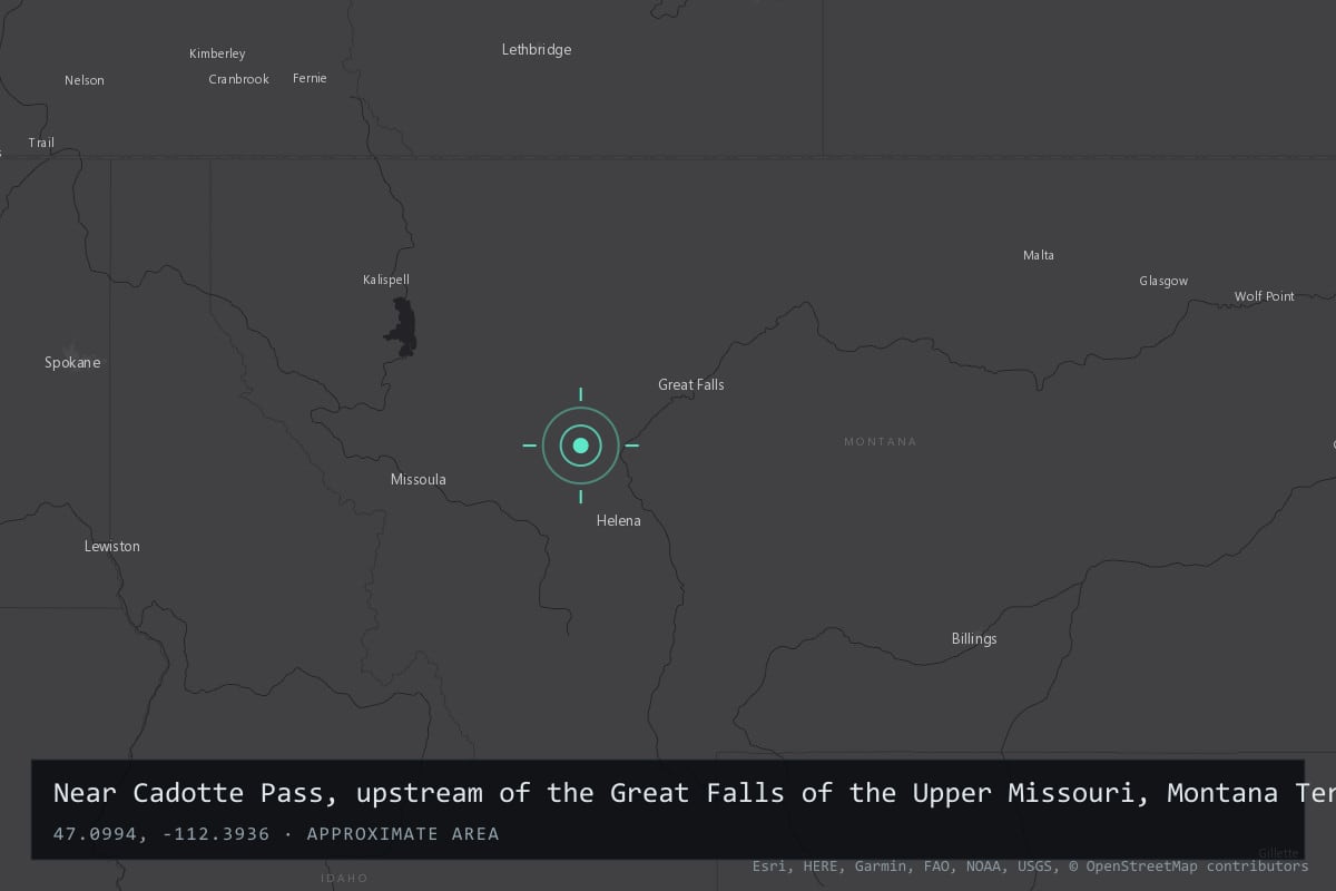 Where it happened: Near Cadotte Pass, upstream of the Great Falls of the Upper Missouri, Montana Territory, United States