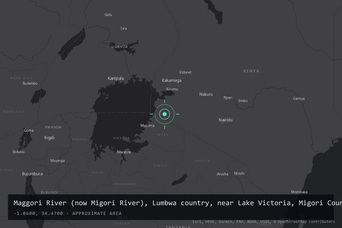 Where it happened: Maggori River (now Migori River), Lumbwa country, near Lake Victoria, Migori County, Kenya