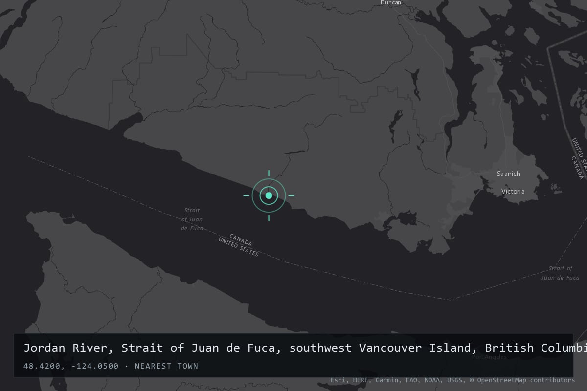 Where it happened: Jordan River, Strait of Juan de Fuca, southwest Vancouver Island, British Columbia, Canada