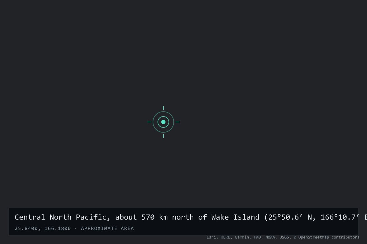 Where it happened: Central North Pacific, about 570 km north of Wake Island (25°50.6′ N, 166°10.7′ E, noon position), International waters