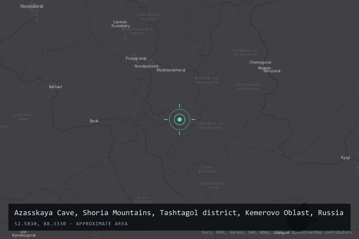 Where it happened: Azasskaya Cave, Shoria Mountains, Tashtagol district, Kemerovo Oblast, Russia