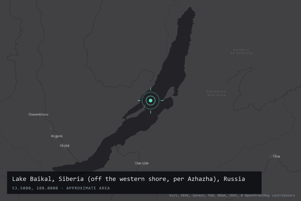 Where it happened: Lake Baikal, Siberia (off the western shore, per Azhazha), Russia