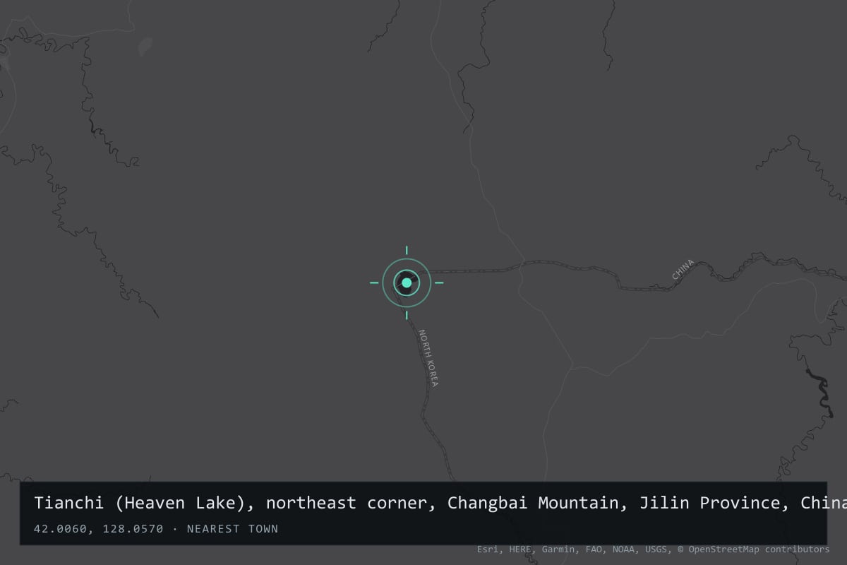 Where it happened: Tianchi (Heaven Lake), northeast corner, Changbai Mountain, Jilin Province, China
