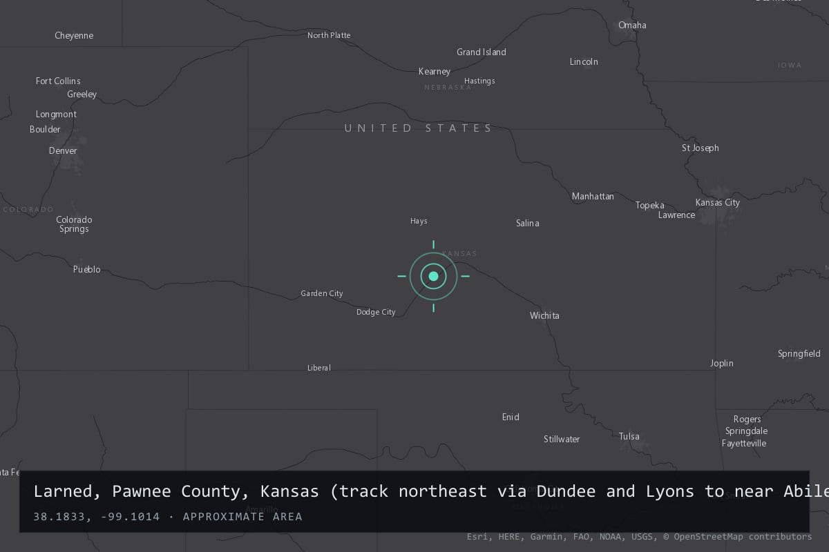 Where it happened: Larned, Pawnee County, Kansas (track northeast via Dundee and Lyons to near Abilene), United States