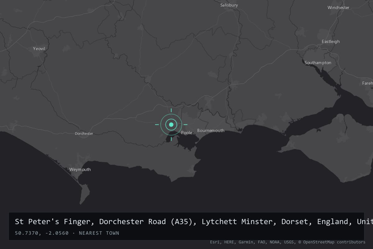 Where it happened: St Peter's Finger, Dorchester Road (A35), Lytchett Minster, Dorset, England, United Kingdom