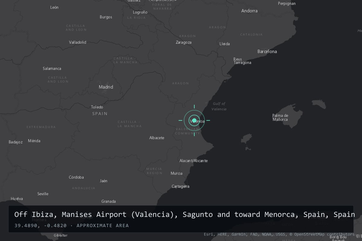 Where it happened: Off Ibiza, Manises Airport (Valencia), Sagunto and toward Menorca, Spain, Spain