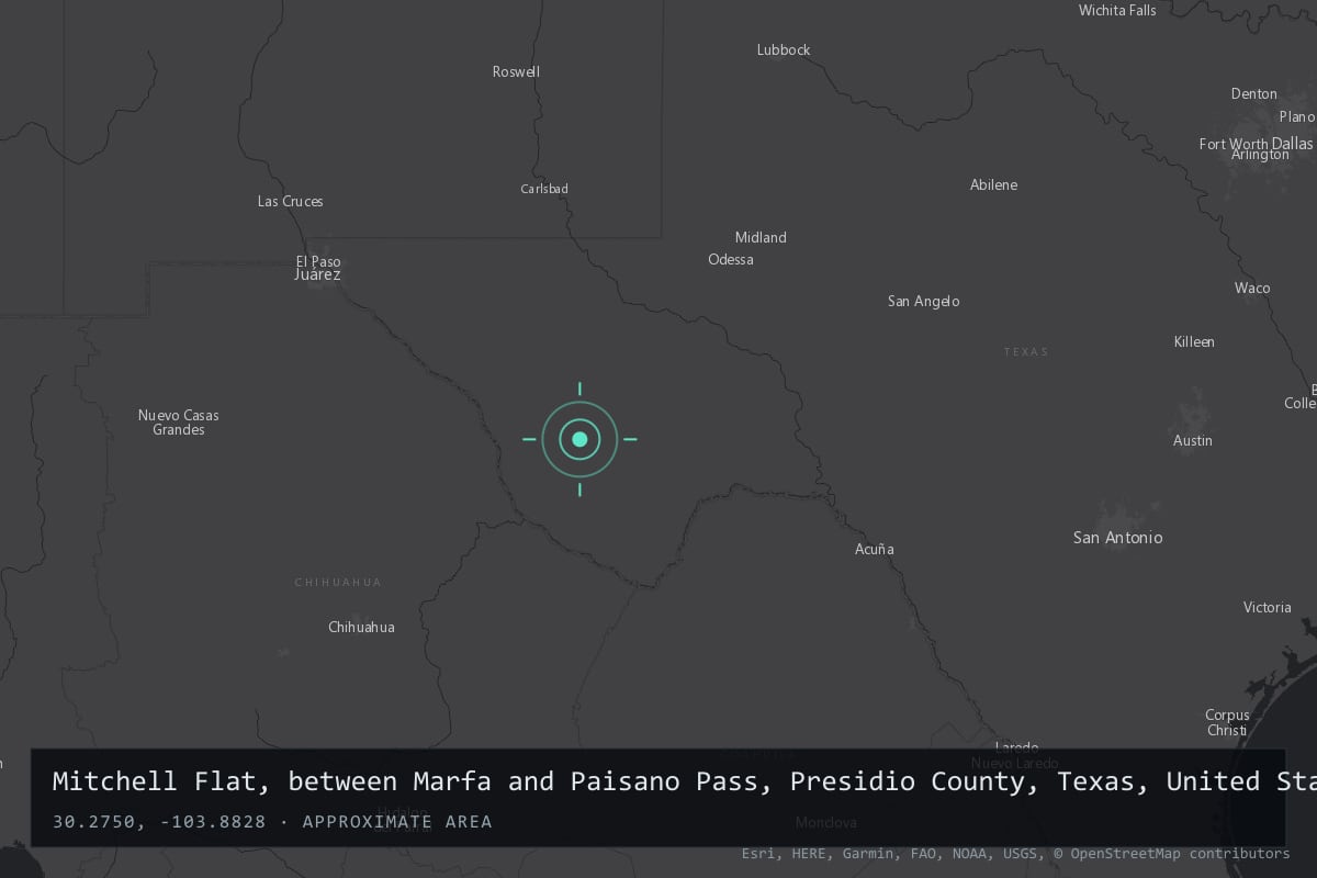 Where it happened: Mitchell Flat, between Marfa and Paisano Pass, Presidio County, Texas, United States