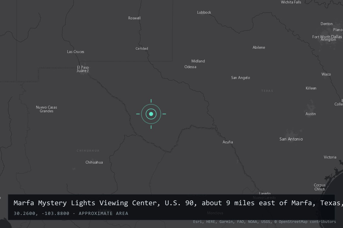 Where it happened: Marfa Mystery Lights Viewing Center, U.S. 90, about 9 miles east of Marfa, Texas, United States