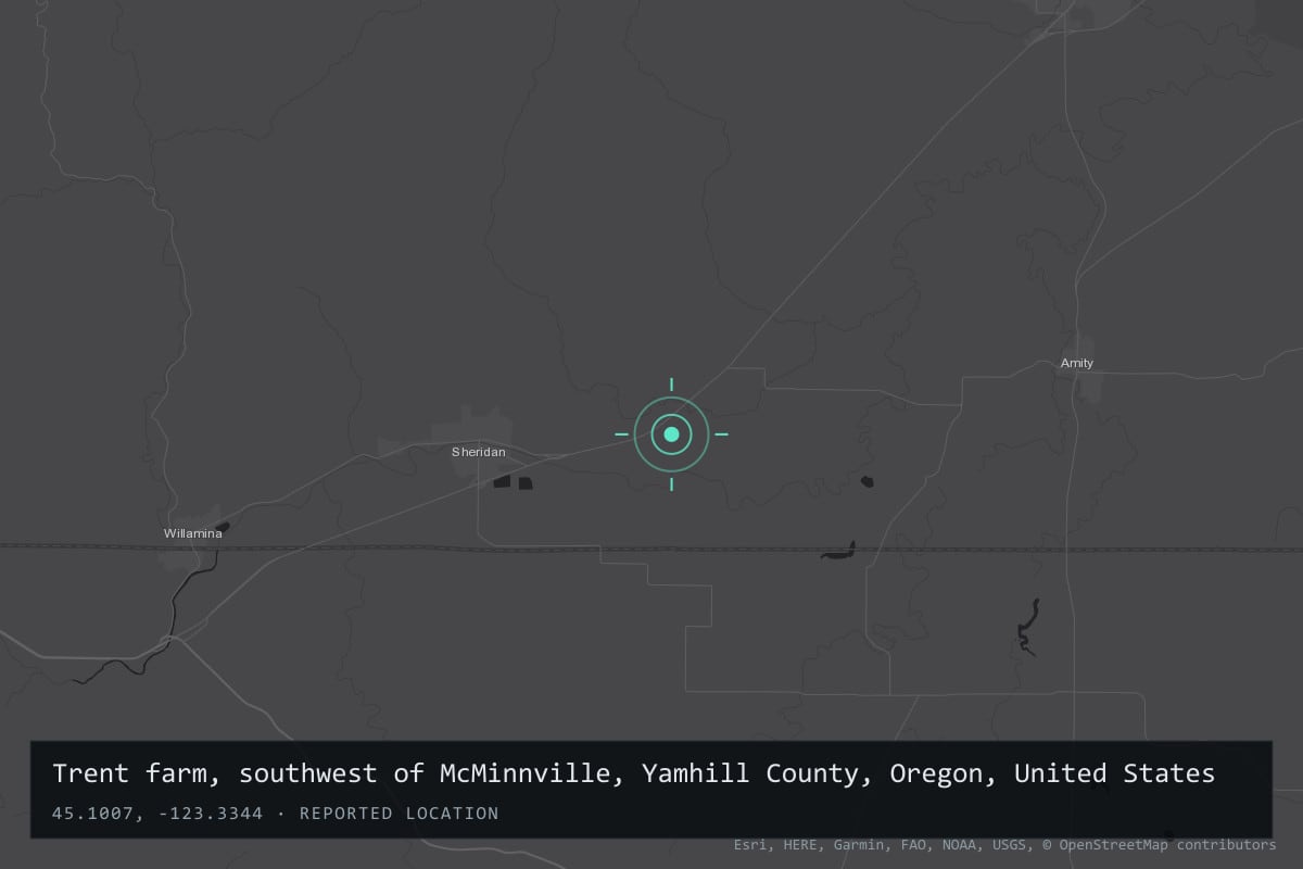 Where it happened: Trent farm, southwest of McMinnville, Yamhill County, Oregon, United States