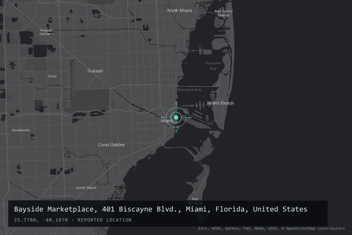 Where it happened: Bayside Marketplace, 401 Biscayne Blvd., Miami, Florida, United States