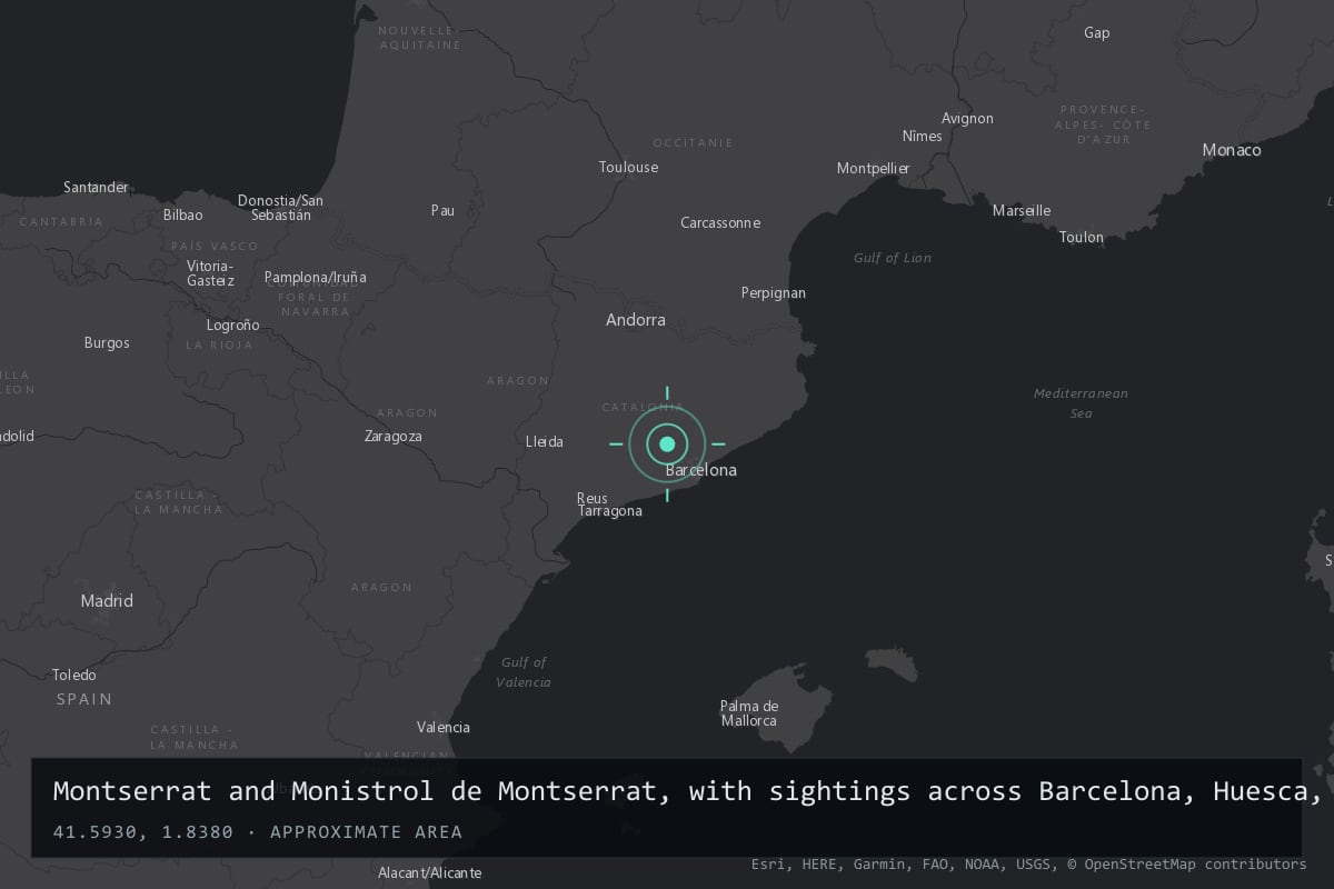 Where it happened: Montserrat and Monistrol de Montserrat, with sightings across Barcelona, Huesca, Lérida and the Cantabrian Sea, Spain