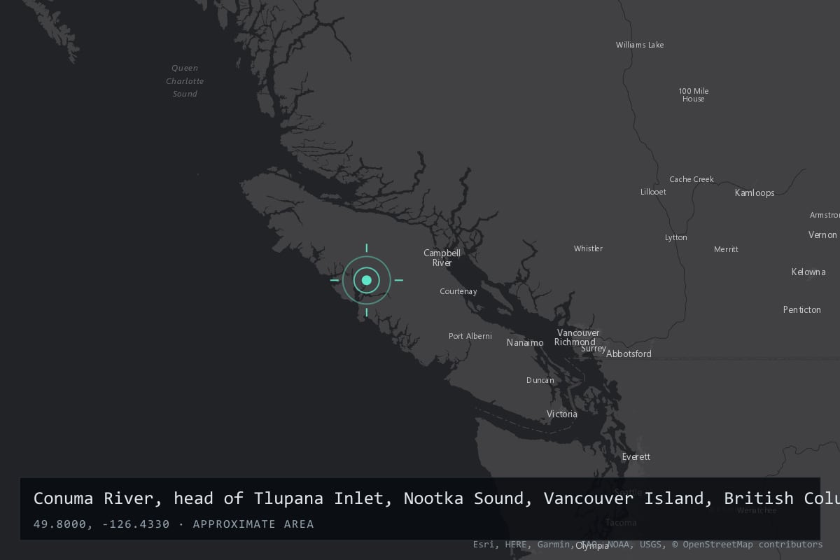 Where it happened: Conuma River, head of Tlupana Inlet, Nootka Sound, Vancouver Island, British Columbia, Canada