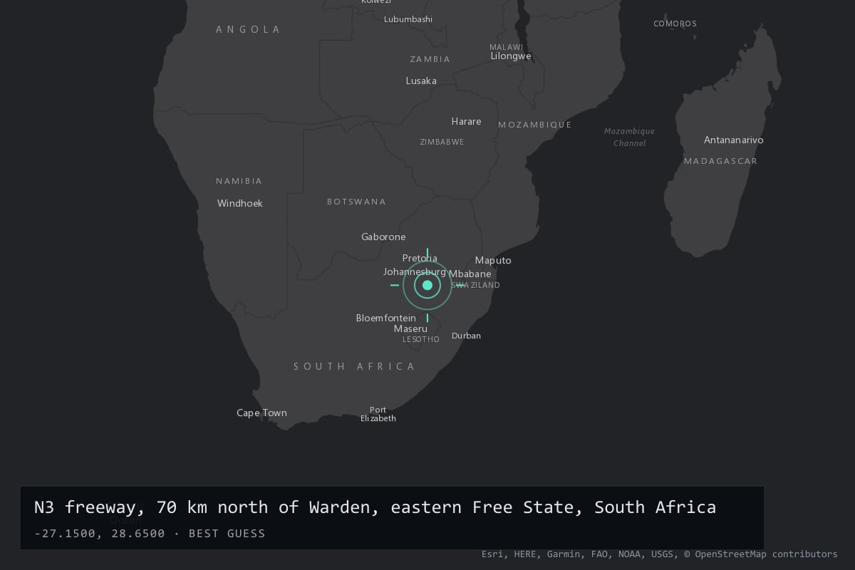 Where it happened: N3 freeway, 70 km north of Warden, eastern Free State, South Africa