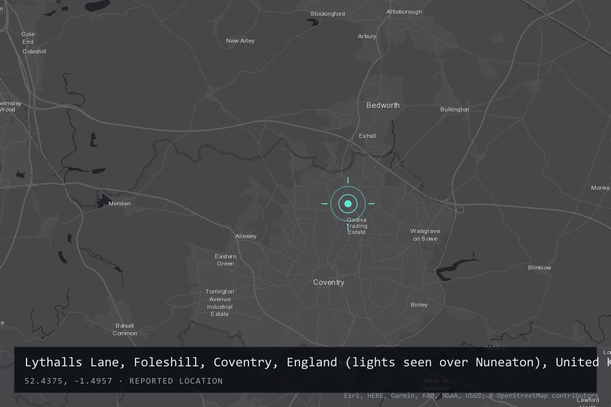 Where it happened: Lythalls Lane, Foleshill, Coventry, England (lights seen over Nuneaton), United Kingdom