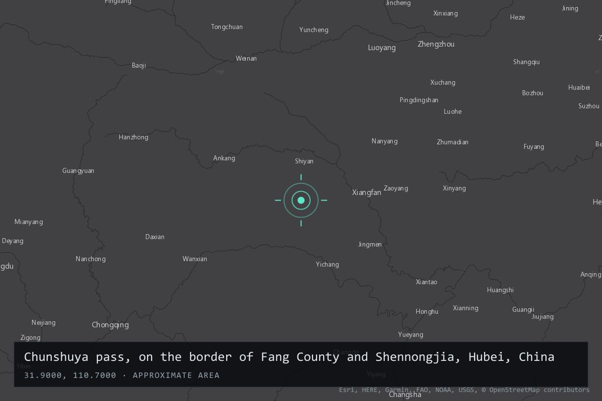 Where it happened: Chunshuya pass, on the border of Fang County and Shennongjia, Hubei, China