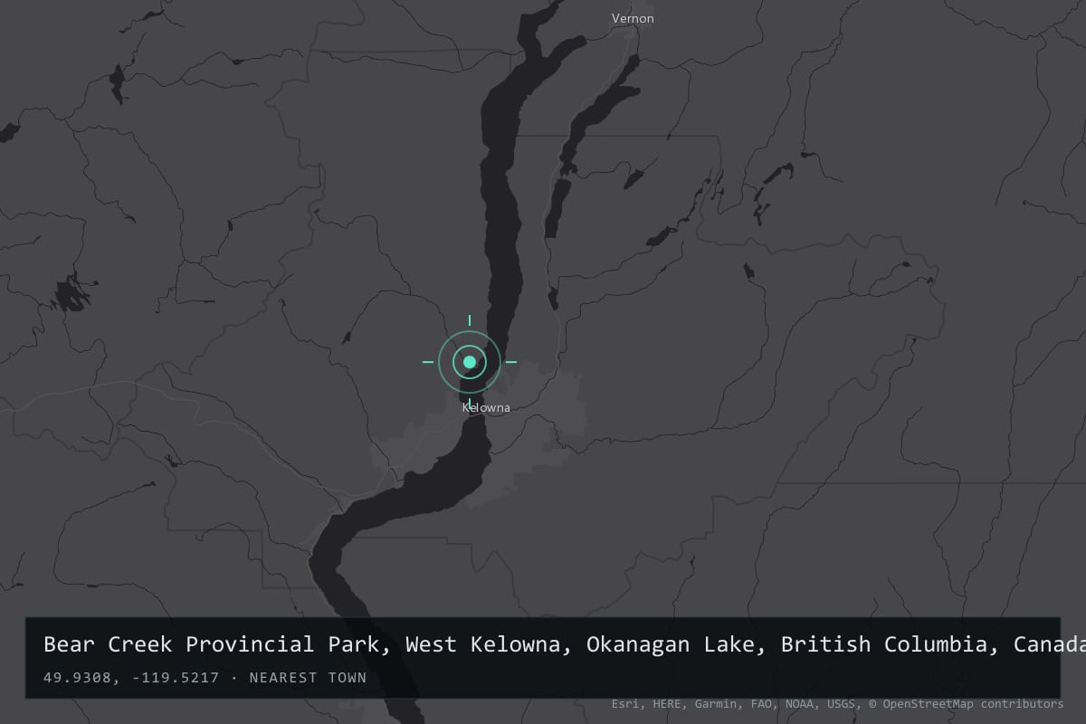 Where it happened: Bear Creek Provincial Park, West Kelowna, Okanagan Lake, British Columbia, Canada