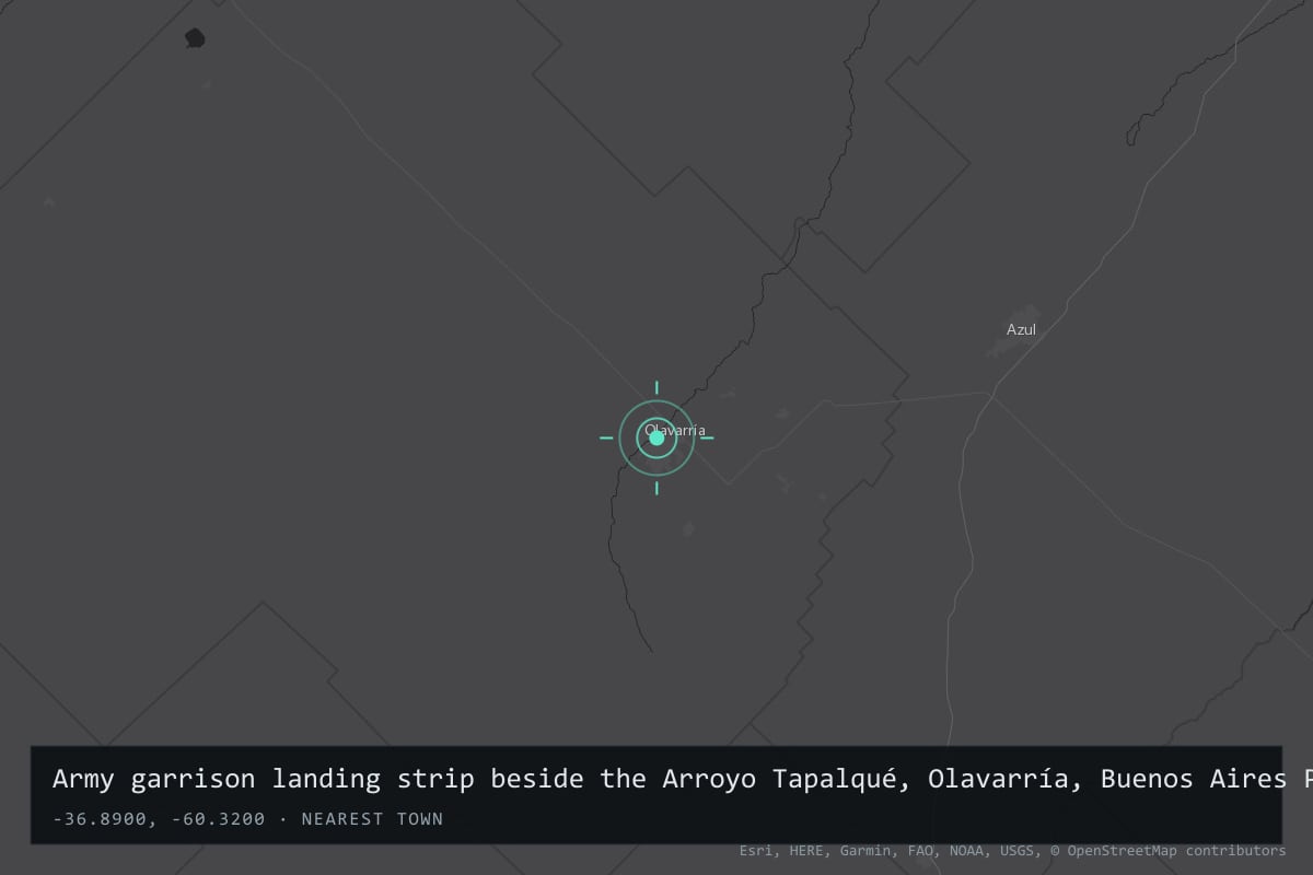 Where it happened: Army garrison landing strip beside the Arroyo Tapalqué, Olavarría, Buenos Aires Province, Argentina