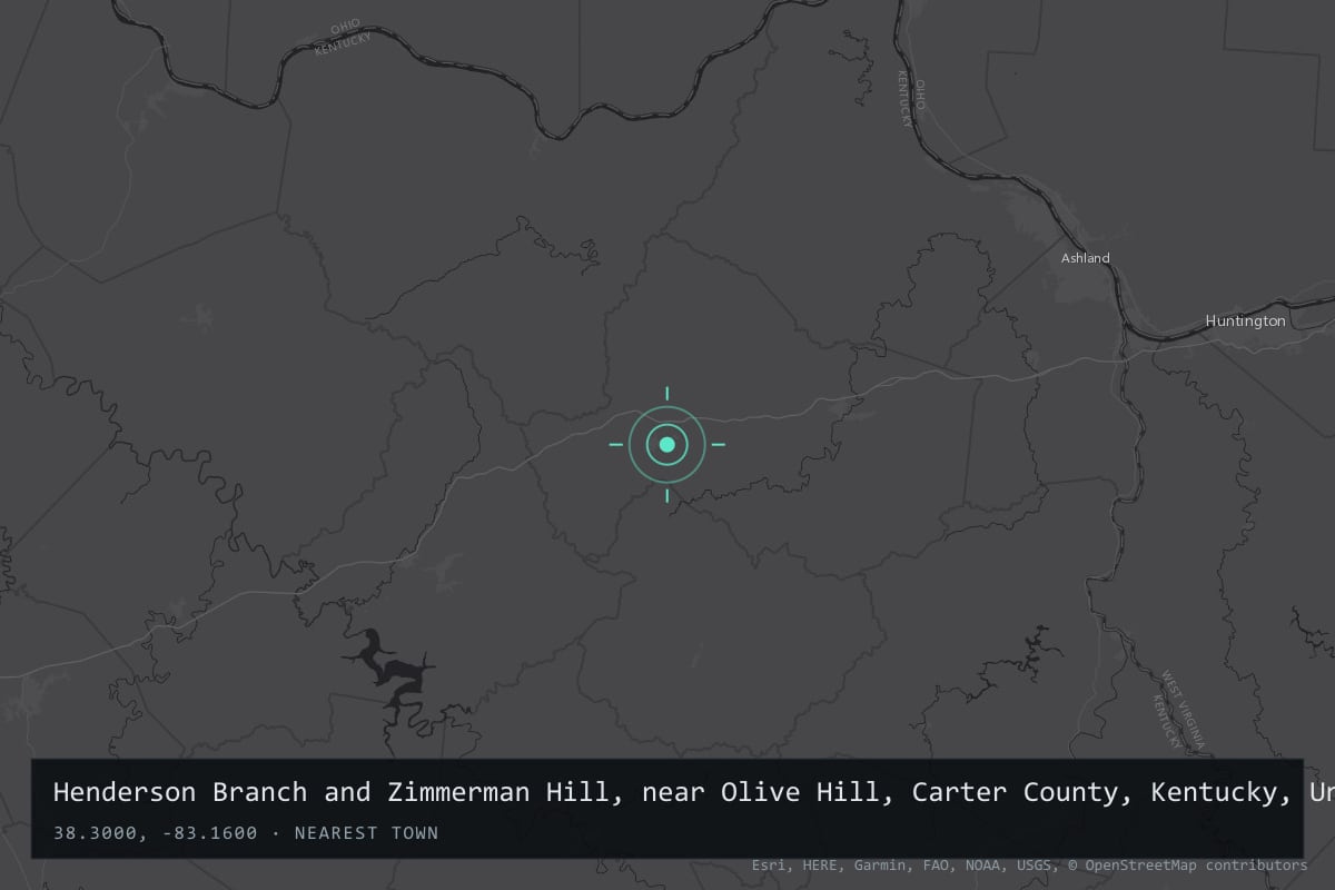 Where it happened: Henderson Branch and Zimmerman Hill, near Olive Hill, Carter County, Kentucky, United States