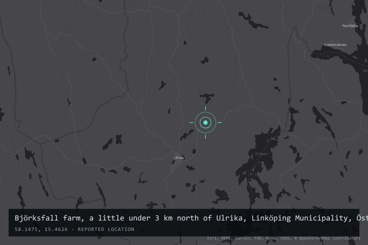 Where it happened: Björksfall farm, a little under 3 km north of Ulrika, Linköping Municipality, Östergötland, Sweden