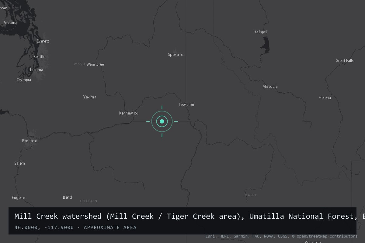 Where it happened: Mill Creek watershed (Mill Creek / Tiger Creek area), Umatilla National Forest, Blue Mountains, east of Walla Walla, Washington, United States