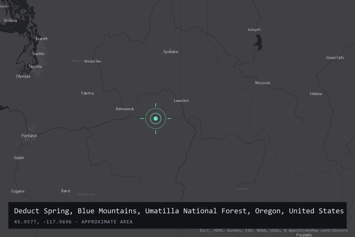 Where it happened: Deduct Spring, Blue Mountains, Umatilla National Forest, Oregon, United States