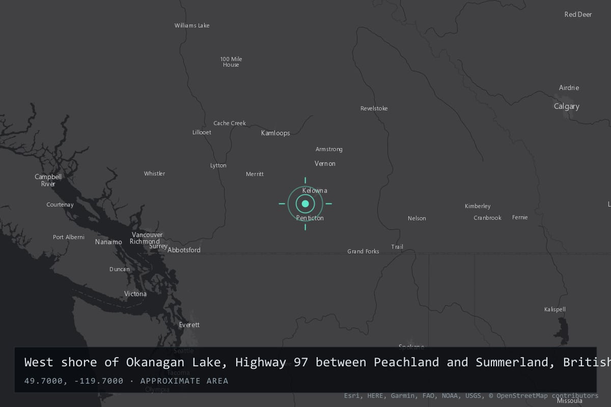 Where it happened: West shore of Okanagan Lake, Highway 97 between Peachland and Summerland, British Columbia, Canada