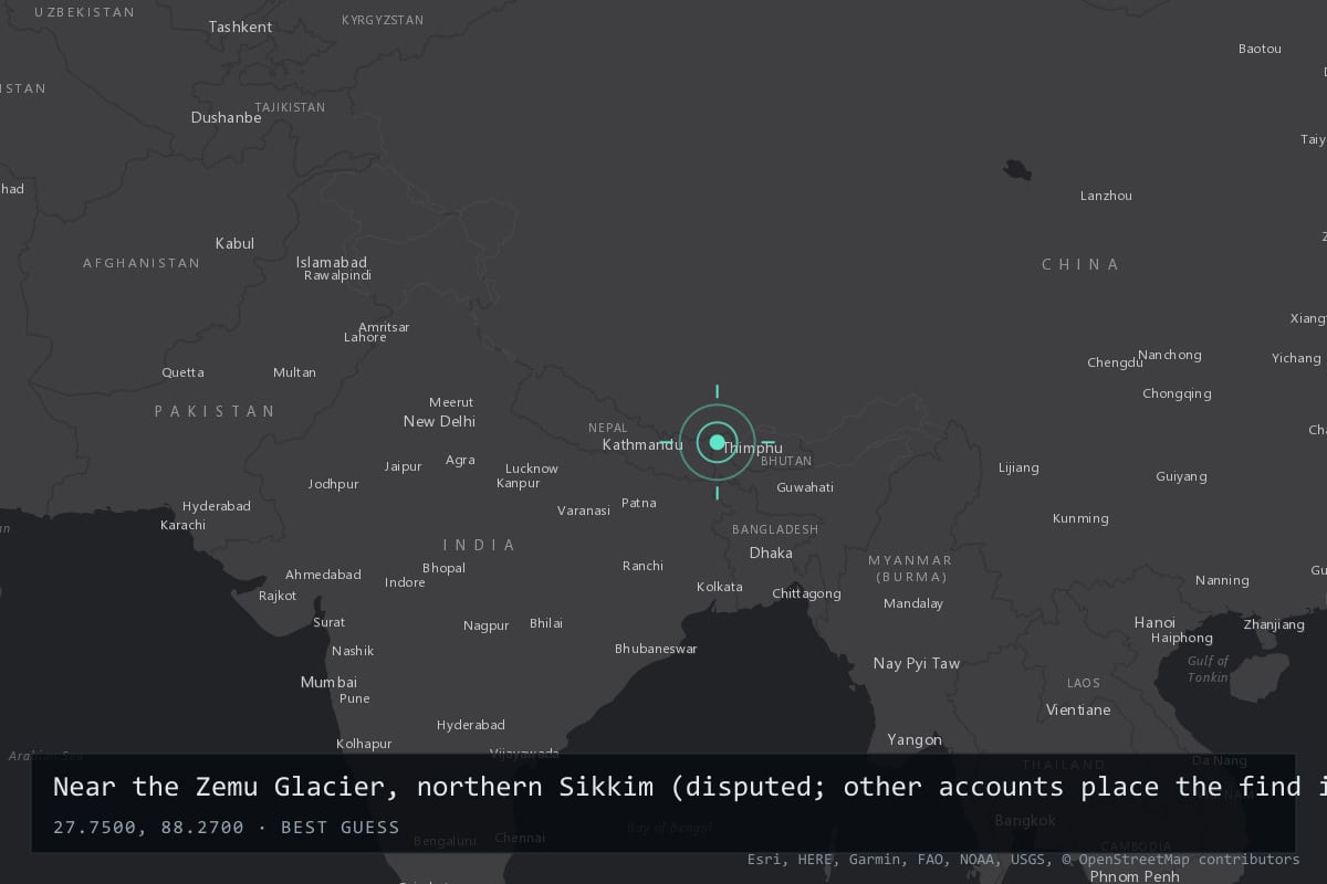 Where it happened: Near the Zemu Glacier, northern Sikkim (disputed; other accounts place the find in Nepal), India