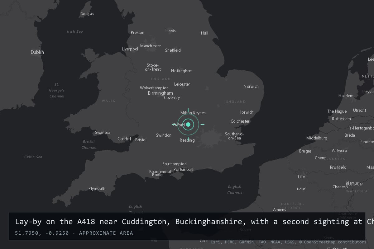 Where it happened: Lay-by on the A418 near Cuddington, Buckinghamshire, with a second sighting at Chilton, Bucks, United Kingdom