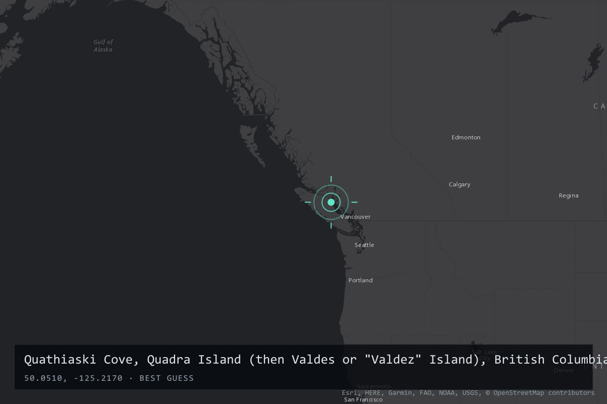Where it happened: Quathiaski Cove, Quadra Island (then Valdes or "Valdez" Island), British Columbia, Canada